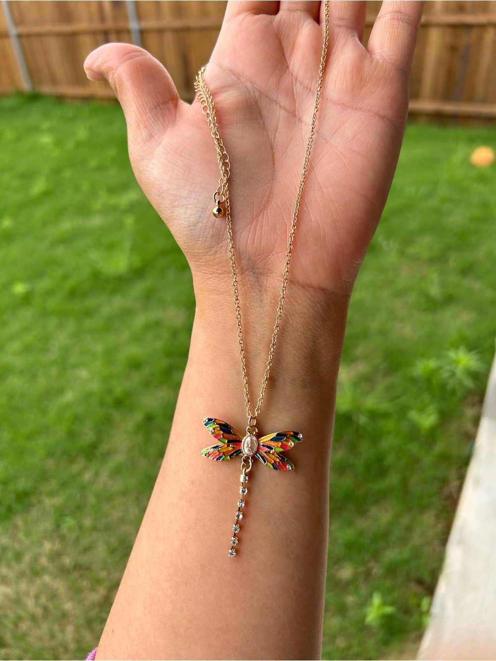 Gold Dragonfly Pendant Necklace with Multicolor Enamel Wings